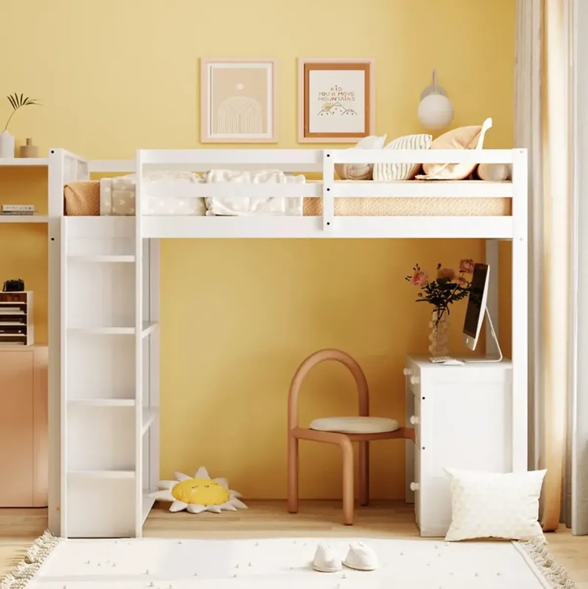 Twin Size Loft Bed With Ladder, Shelves, And Desk