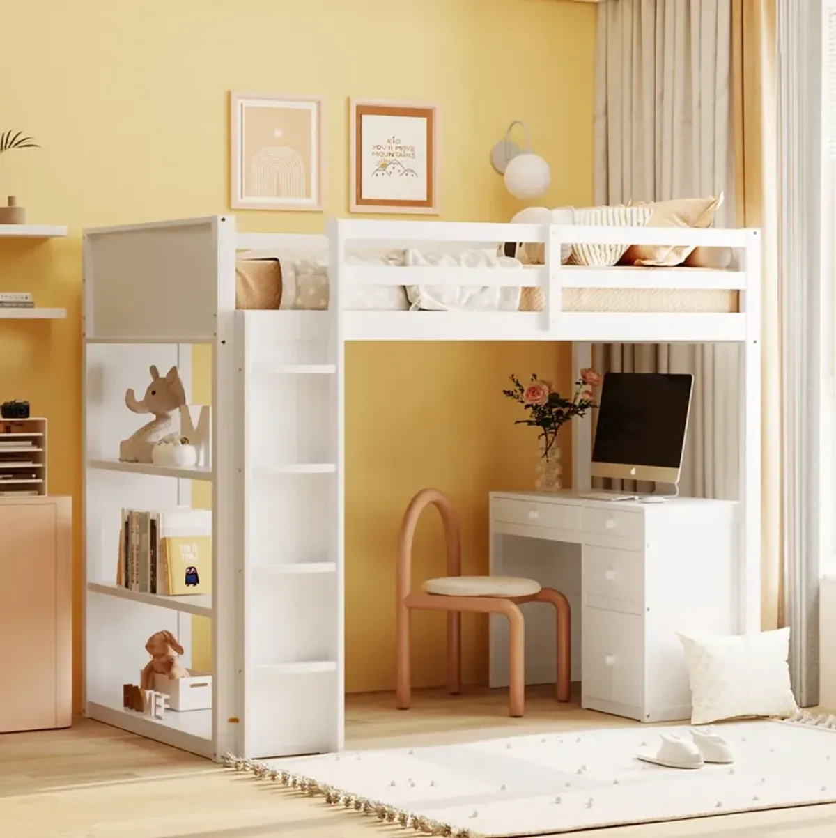 Twin Size Loft Bed With Ladder, Shelves, And Desk