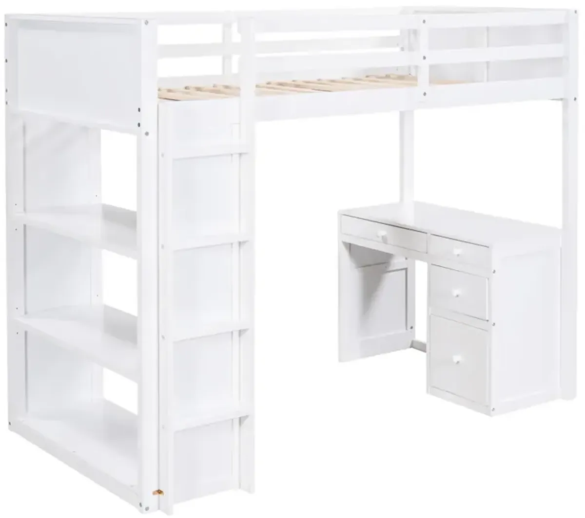 Twin Size Loft Bed With Ladder, Shelves, And Desk