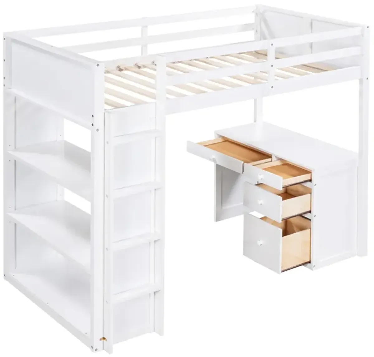 Twin Size Loft Bed With Ladder, Shelves, And Desk