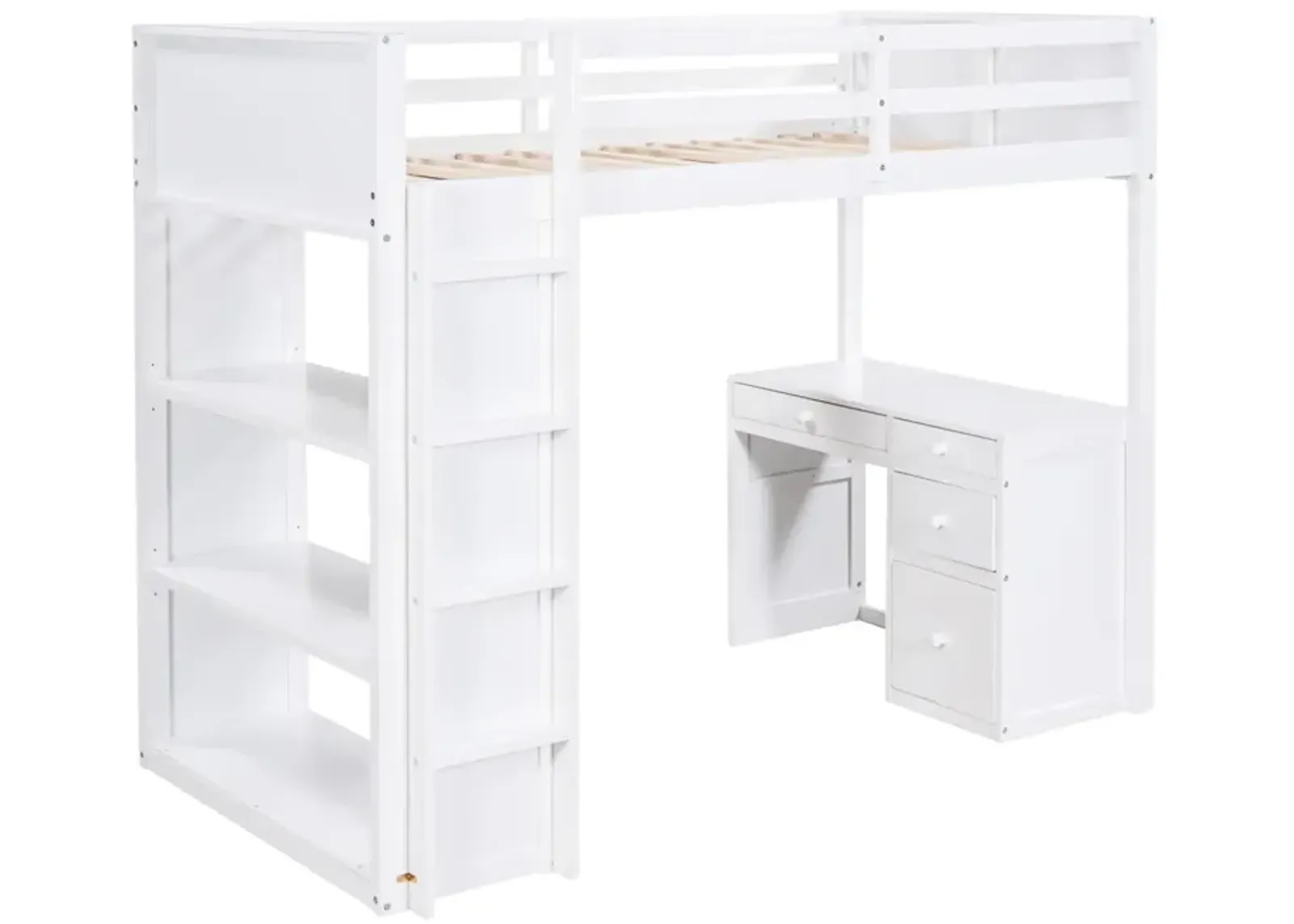 Twin Size Loft Bed With Ladder, Shelves, And Desk