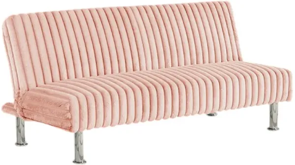 Hini Fold Out Futon Sofa Bed, Light PInk, Modern Chrome Metal Legs - Benzara