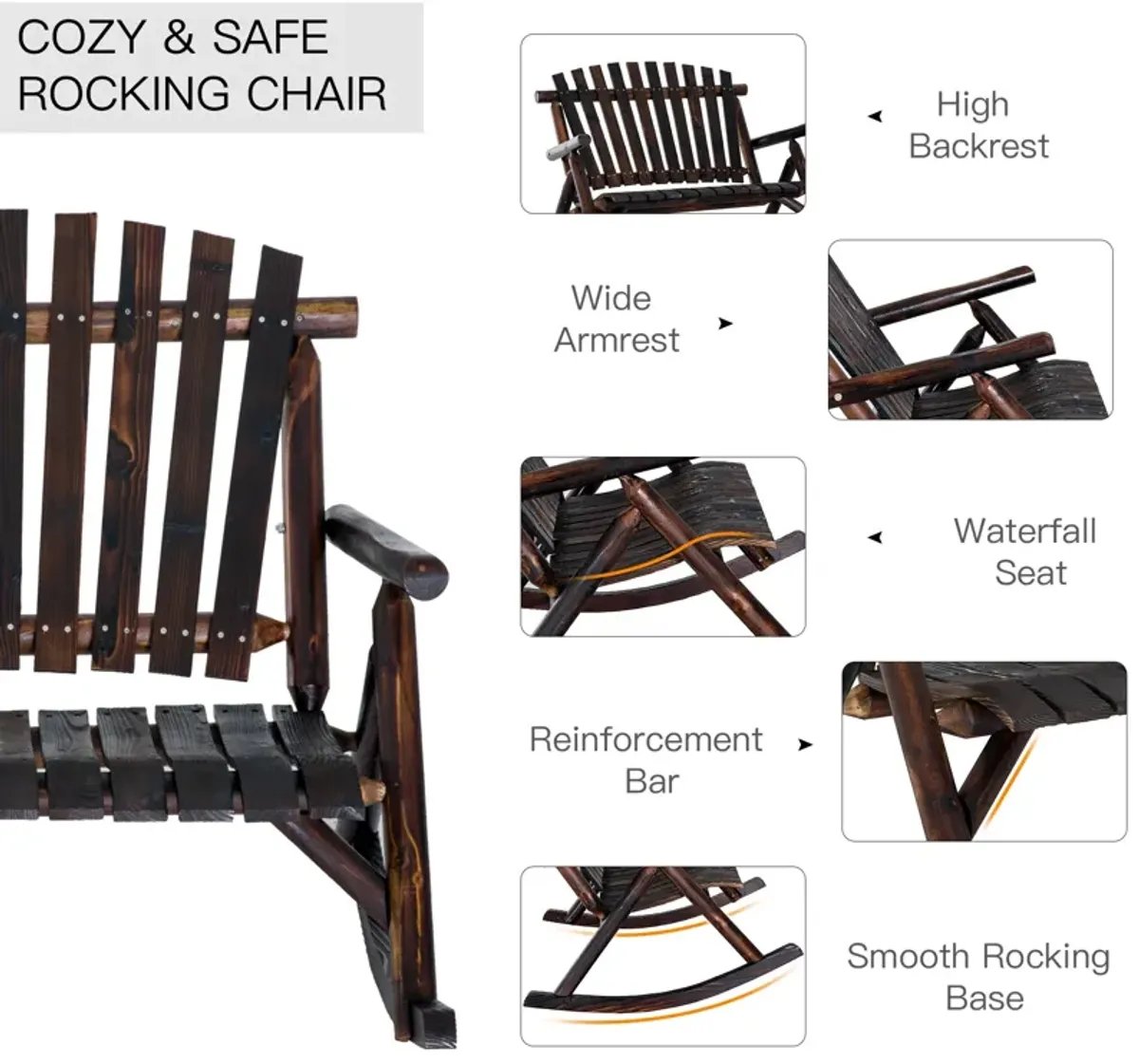 Garden Relaxer: Carbonized High-Back Wooden Rocking Chair