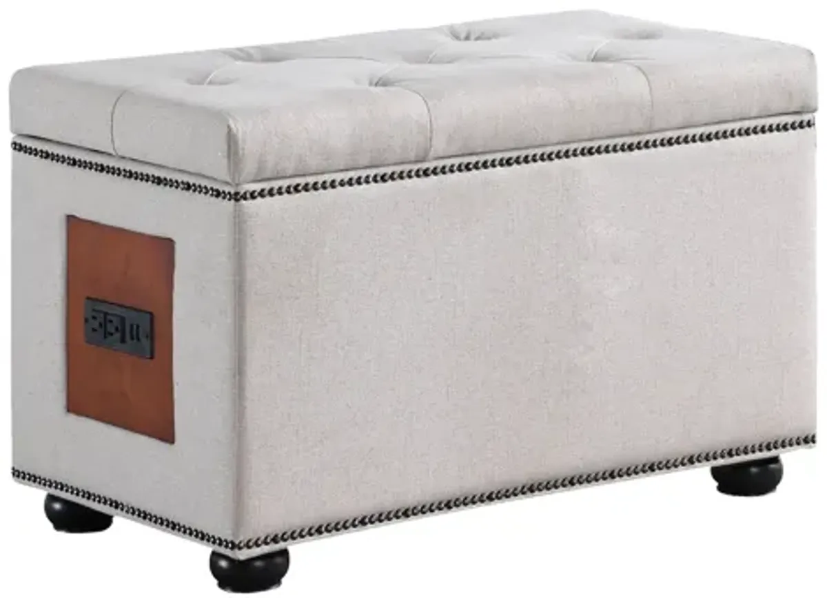 Natural Tufted Storage Ottoman with Charging Station
