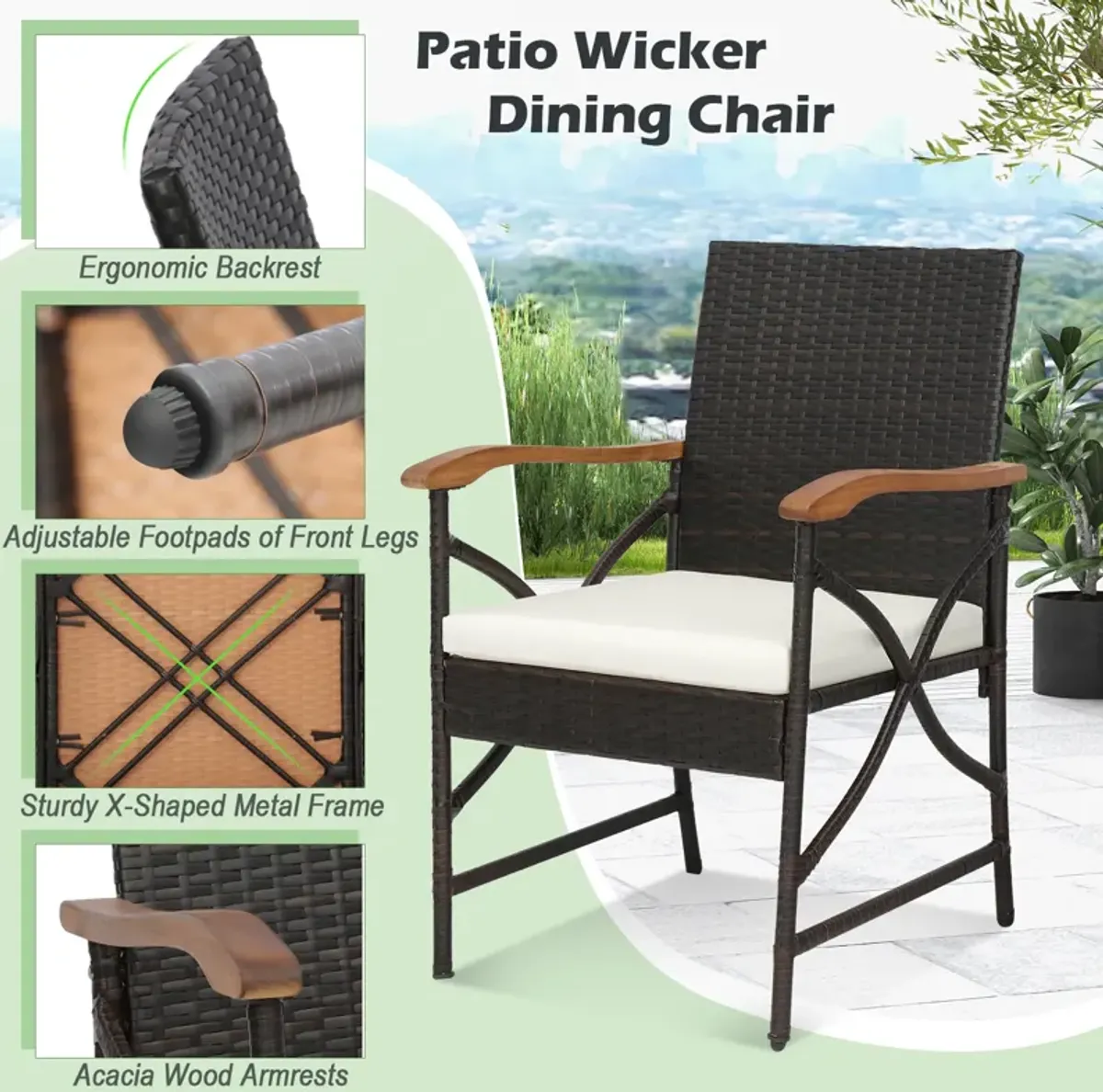 Patio Wicker Dining Chairs with Soft Zippered Cushion