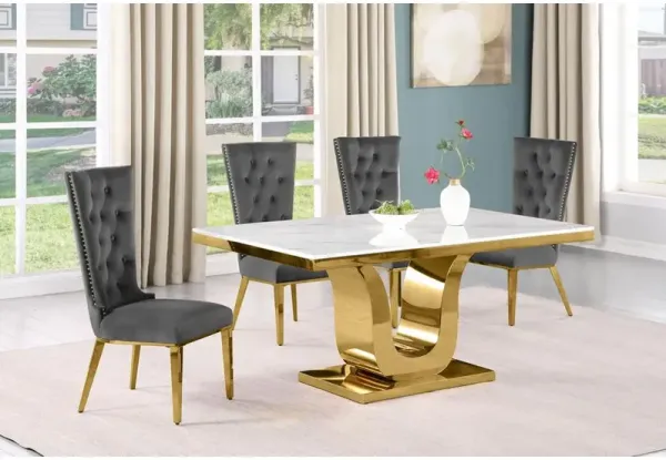 5pc Small(66") marble top dining set with gold base and 4 Dark grey side chairs