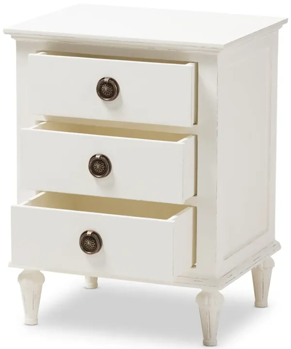 Baxton Studio Venezia French Inspired Rustic Whitewash Wood 3 Drawer Nightstand