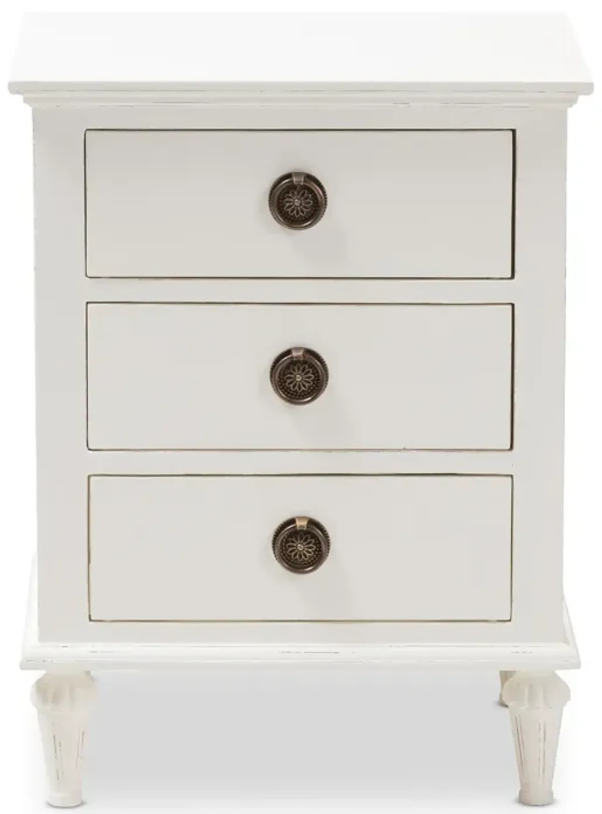 Baxton Studio Venezia French Inspired Rustic Whitewash Wood 3 Drawer Nightstand