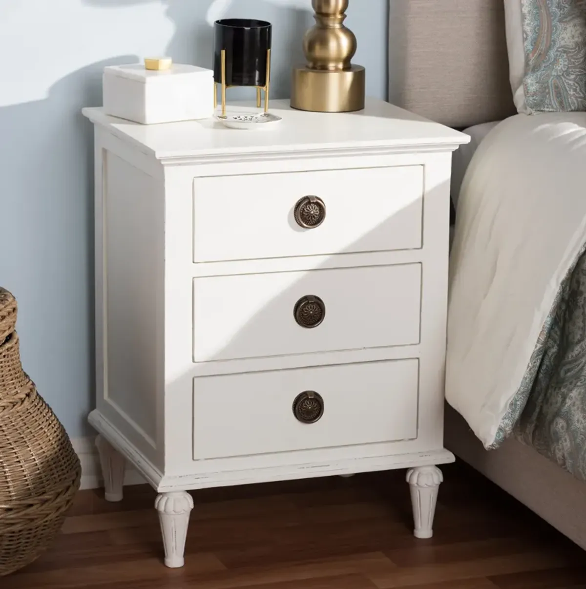 Baxton Studio Venezia French Inspired Rustic Whitewash Wood 3 Drawer Nightstand