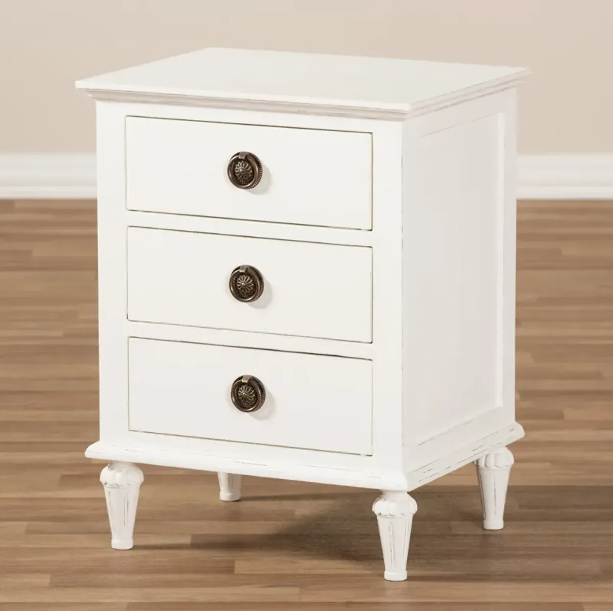 Baxton Studio Venezia French Inspired Rustic Whitewash Wood 3 Drawer Nightstand