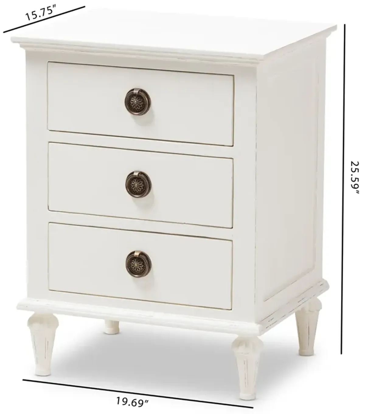 Baxton Studio Venezia French Inspired Rustic Whitewash Wood 3 Drawer Nightstand