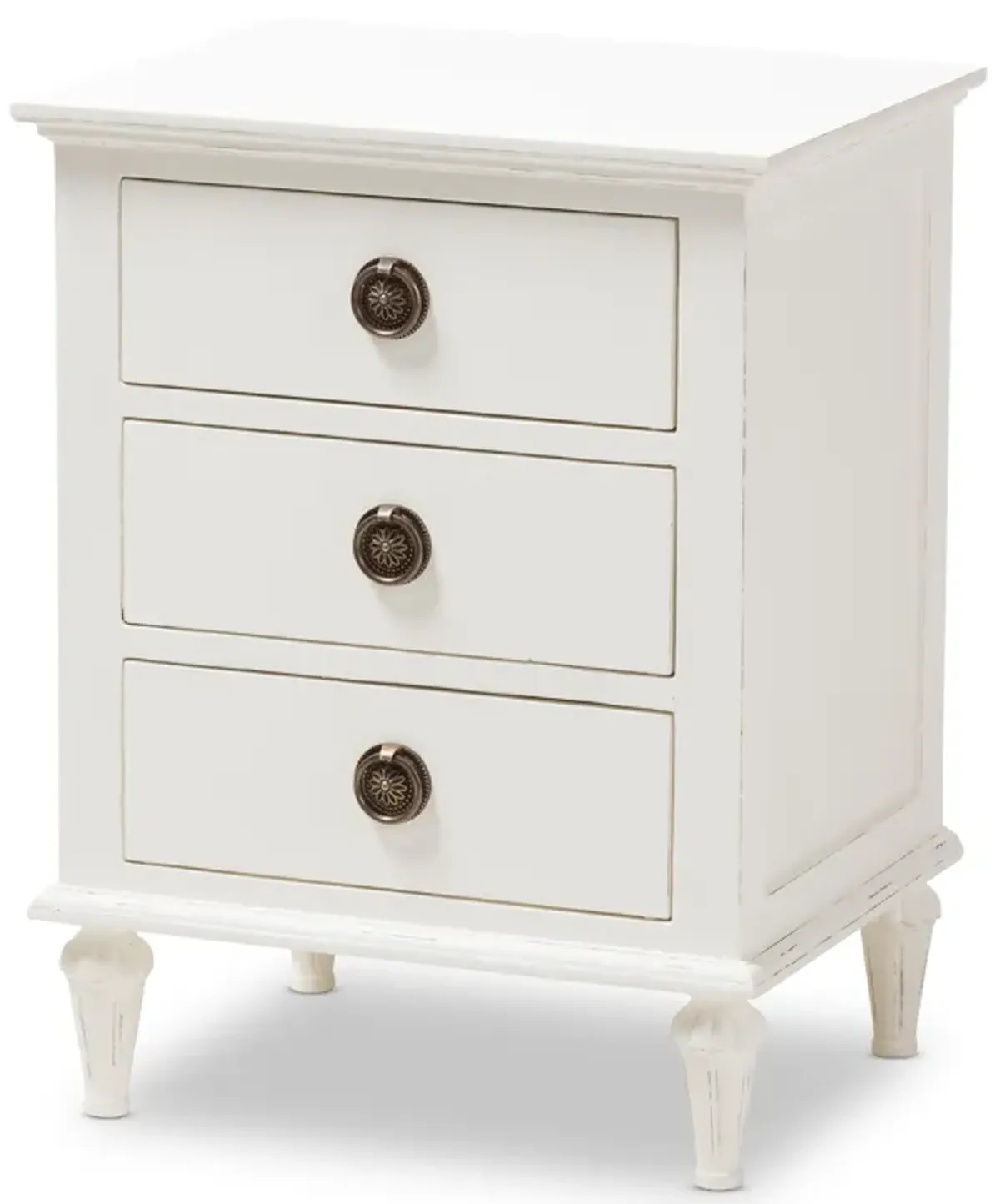 Baxton Studio Venezia French Inspired Rustic Whitewash Wood 3 Drawer Nightstand