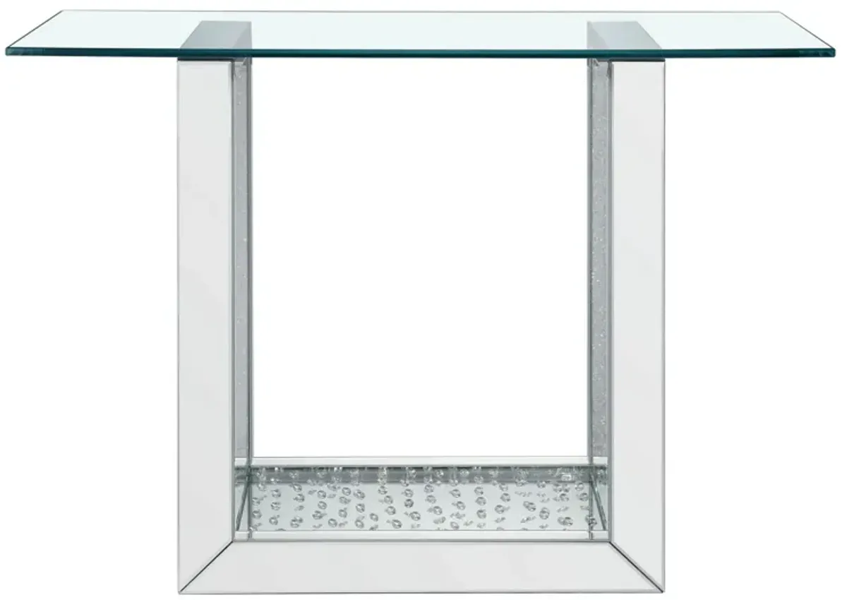 46 Inches Glass Top Console Table with Mirrored Sled Base, Silver-Benzara