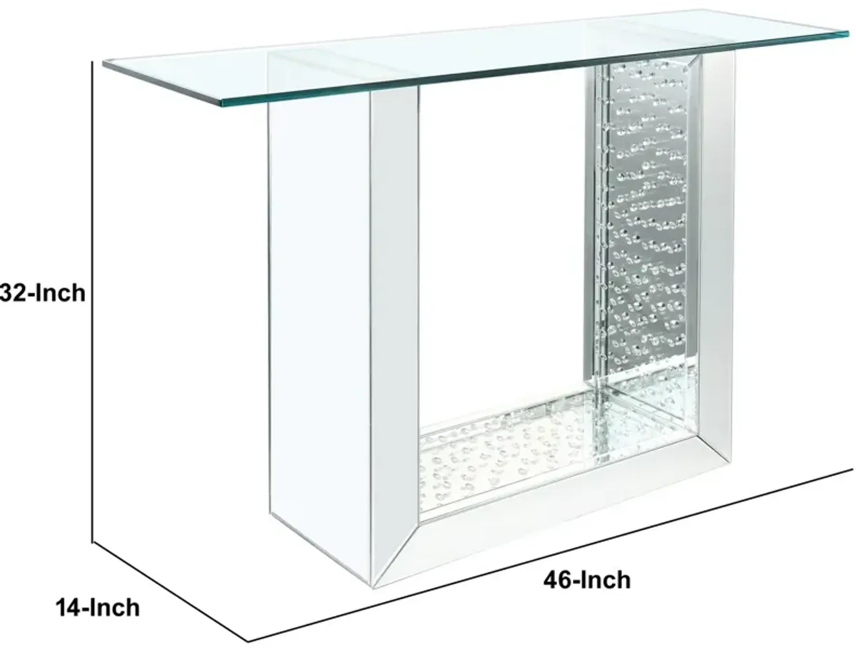 46 Inches Glass Top Console Table with Mirrored Sled Base, Silver-Benzara