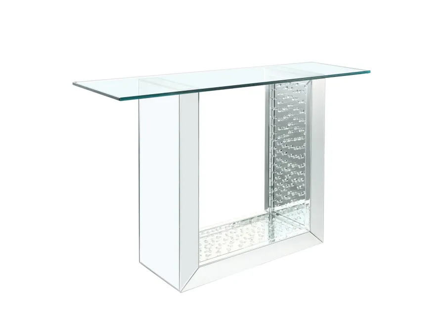 46 Inches Glass Top Console Table with Mirrored Sled Base, Silver-Benzara