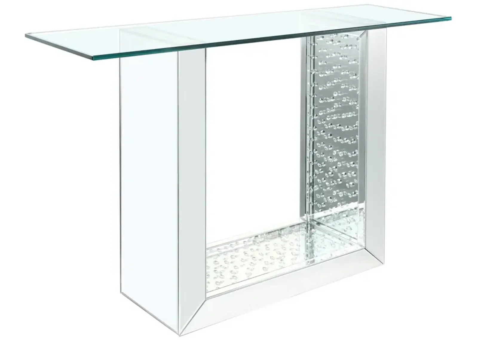 46 Inches Glass Top Console Table with Mirrored Sled Base, Silver-Benzara