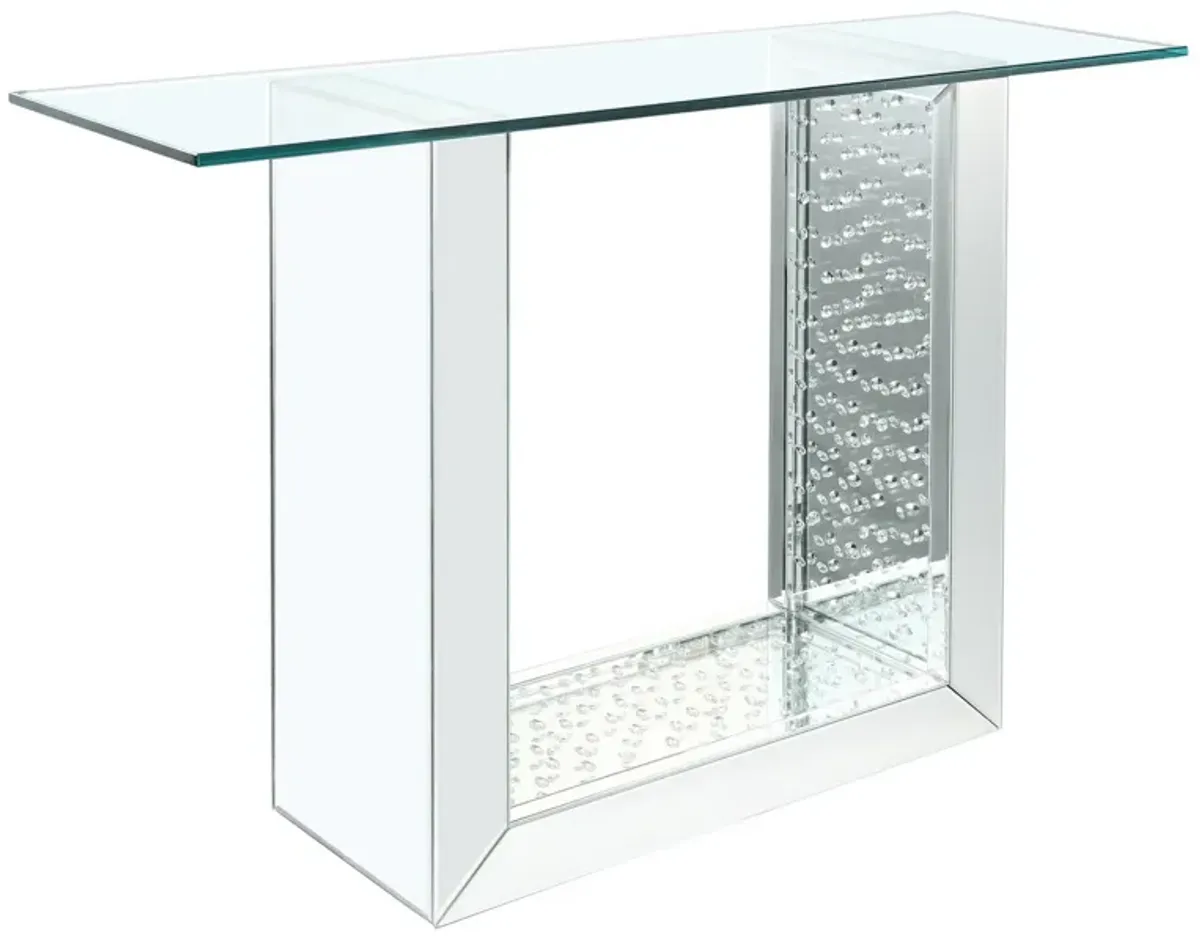 46 Inches Glass Top Console Table with Mirrored Sled Base, Silver-Benzara