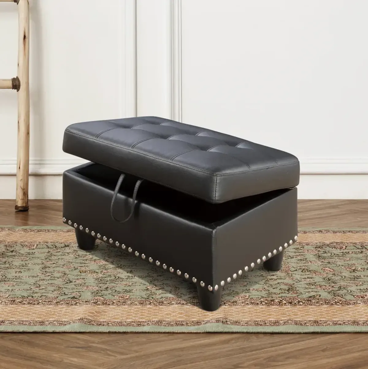 28.5 in. W Black Faux Leather Rectangle Ottoman with Storage and Nails