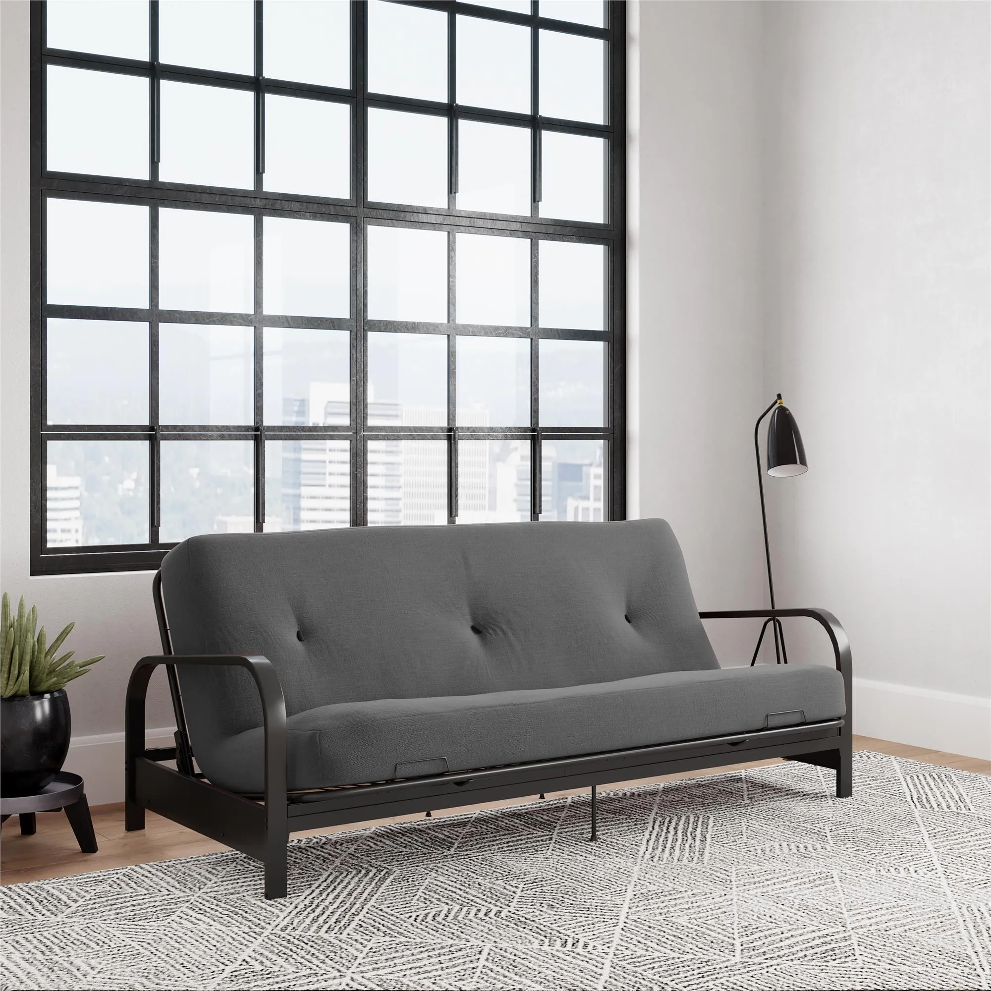 Max Black Metal Arm Full Size Futon Frame with 6” Thermobonded High Density Polyester Fill Gray Futon Mattress