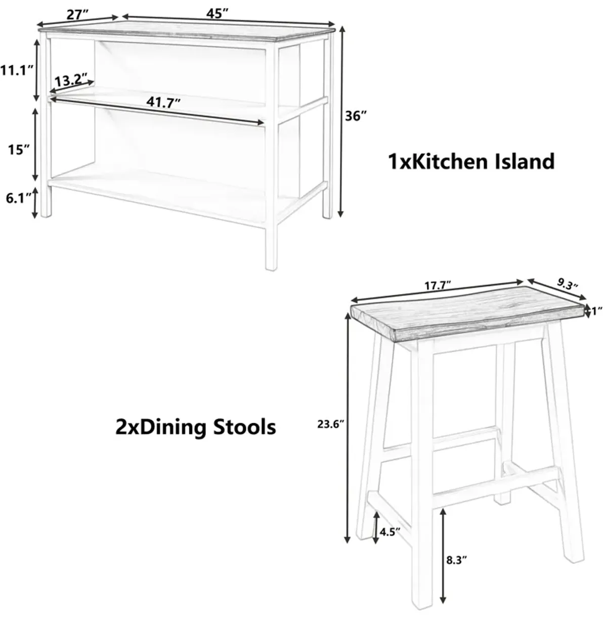 Rustic 3-piece Stationary Kitchen Island Set