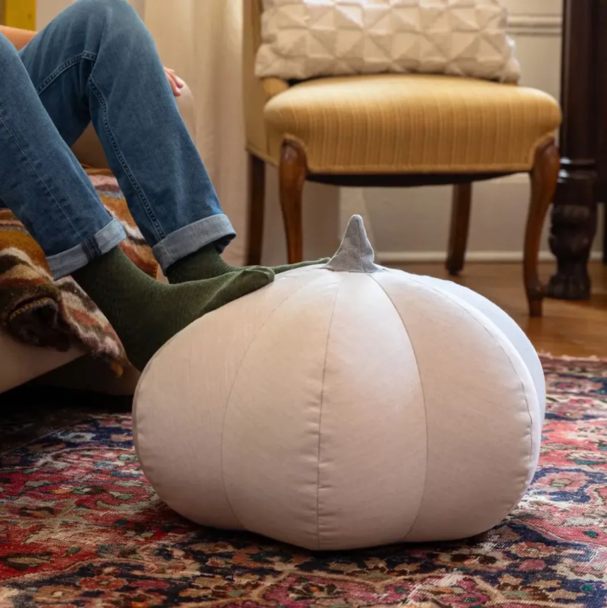 Jaxx Pumpkin Pouf - Luxurious Ottoman for Fall & Halloween Décor - Indoor/Outdoor Sunbrella Flax