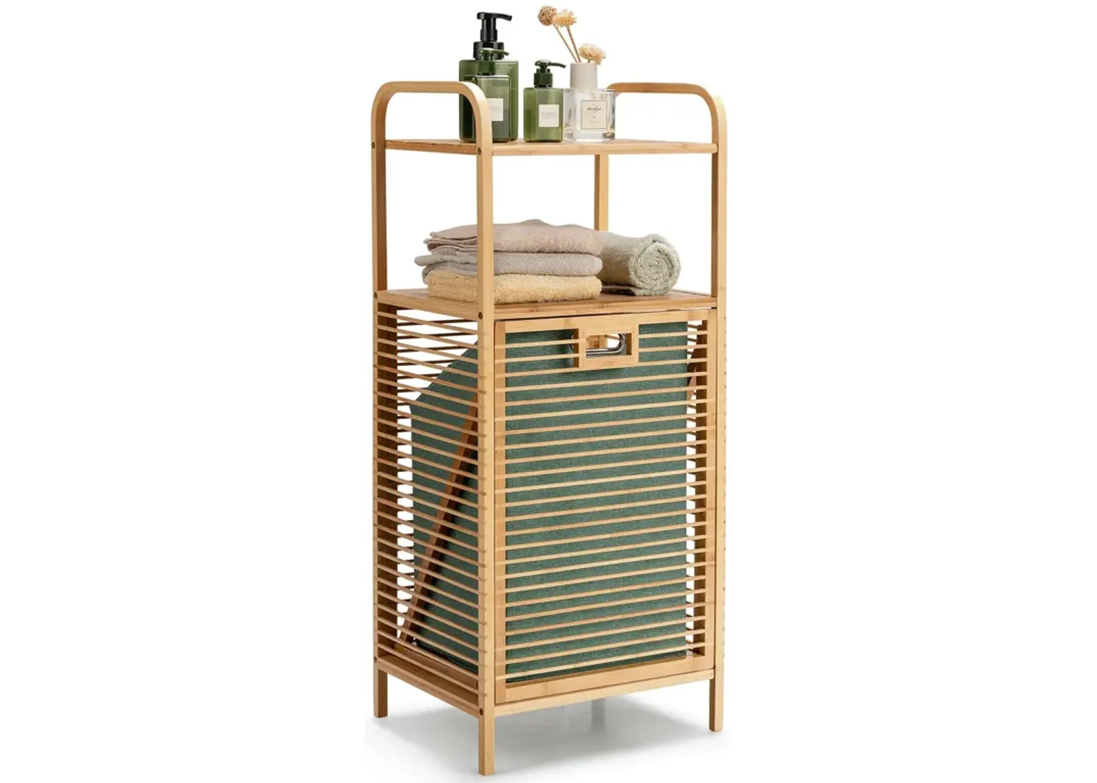 Tilt-out Bamboo Laundry Hamper  with 2-Tier Shelf and Removable Liner-Natural