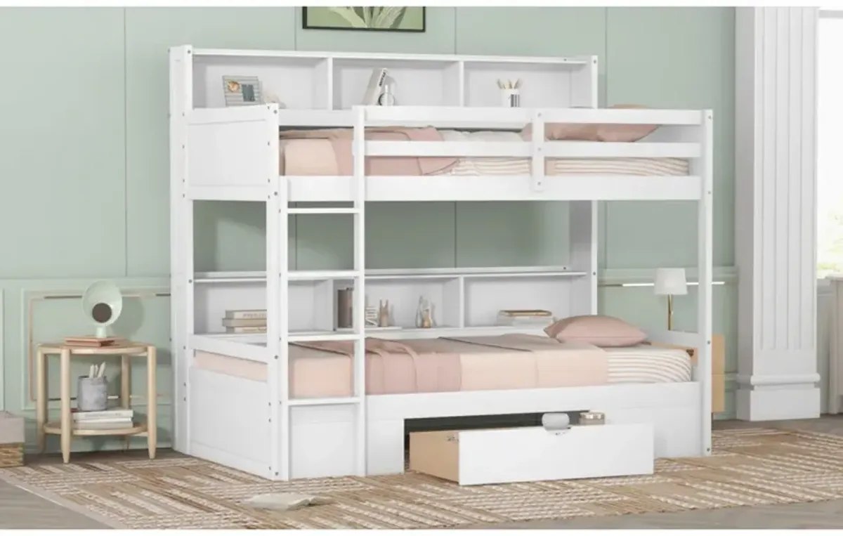 Twin Size Bunk Bed With Built-In Shelves Beside Both Upper And Down Bed And Storage Drawer