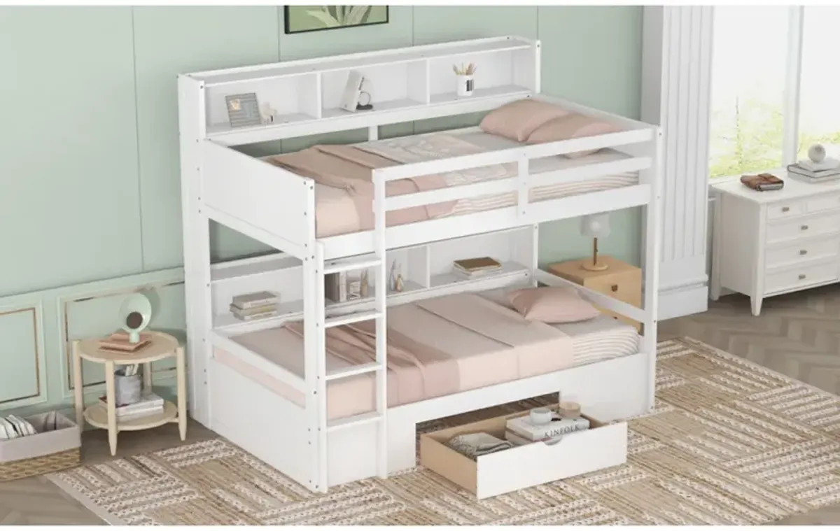 Twin Size Bunk Bed With Built-In Shelves Beside Both Upper And Down Bed And Storage Drawer