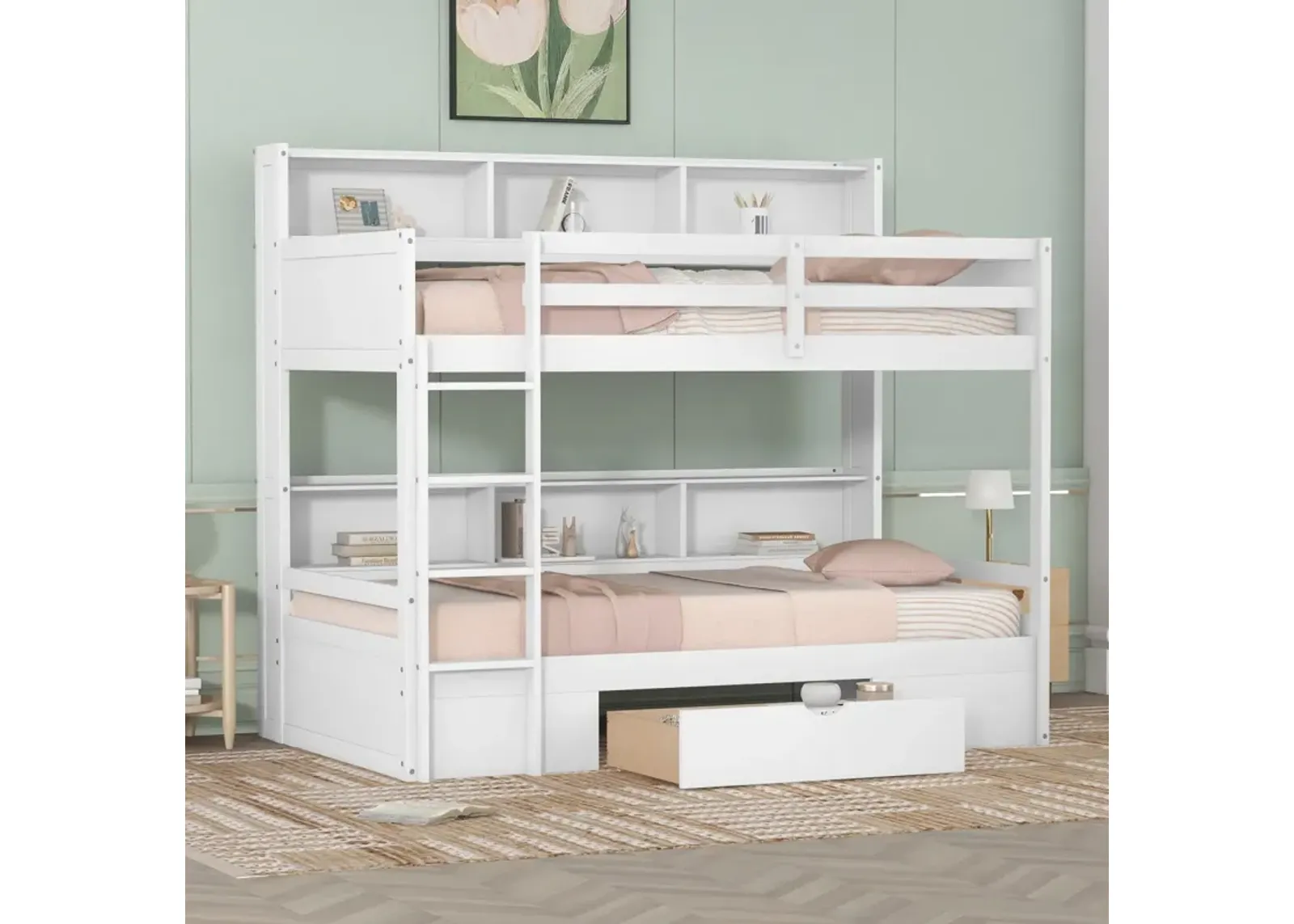 Twin Size Bunk Bed With Built-In Shelves Beside Both Upper And Down Bed And Storage Drawer