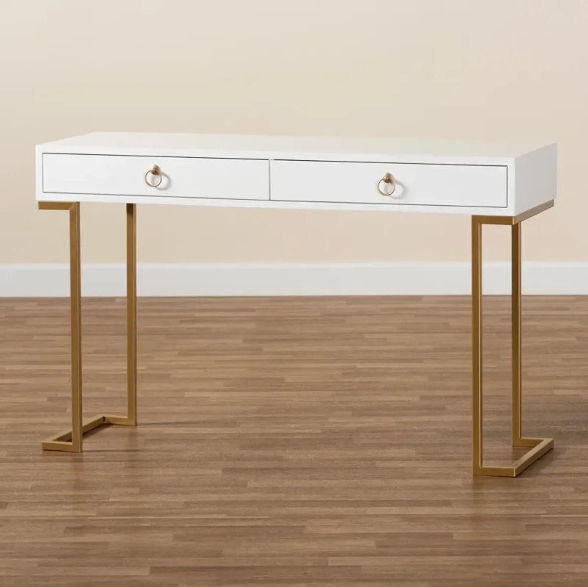 Baxton Studio Beagan Modern White Finished Wood And Gold Metal 2 Drawer Console Table