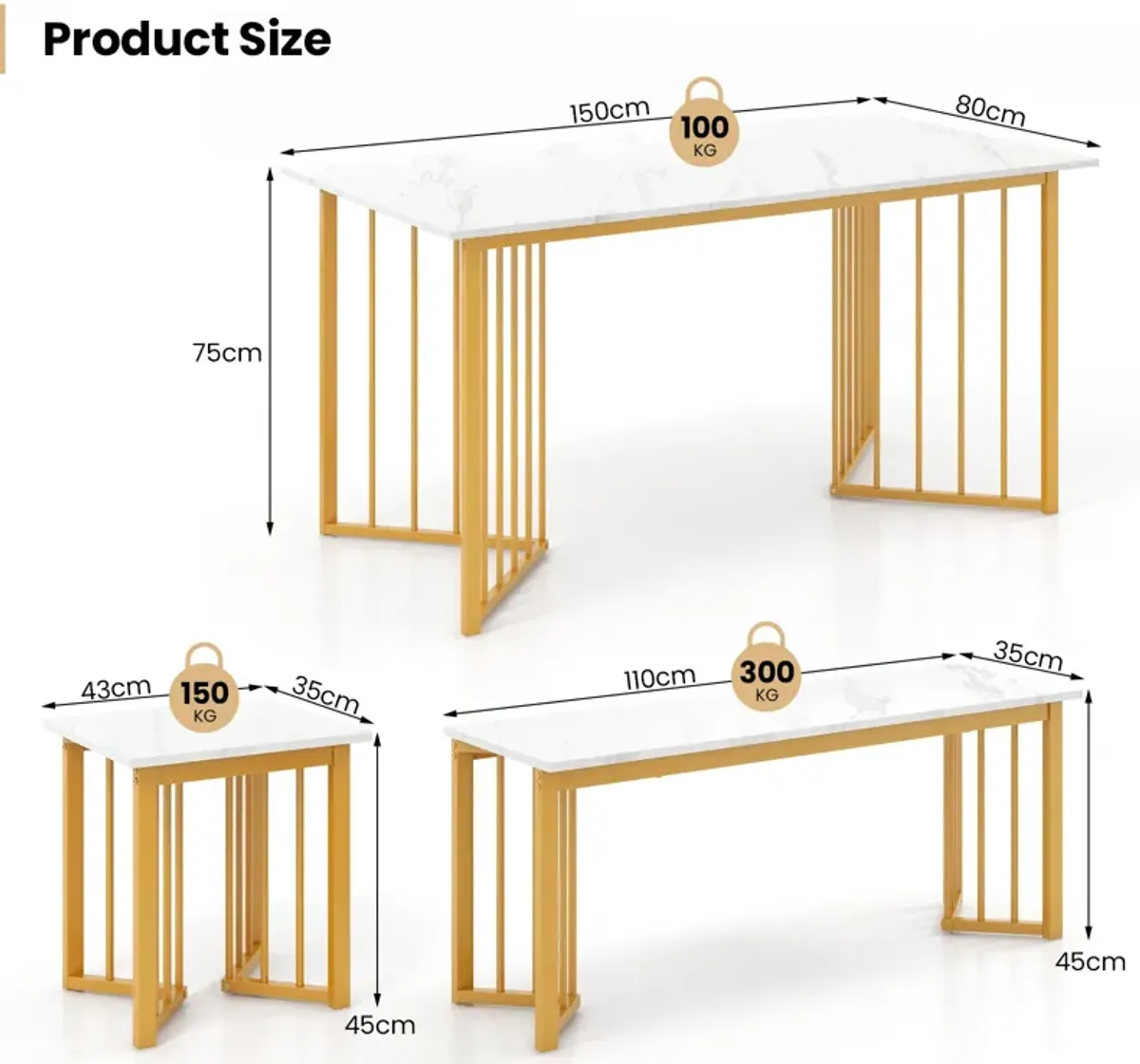 4 Piece Dining Table Set with Bench and 2 Stools-White