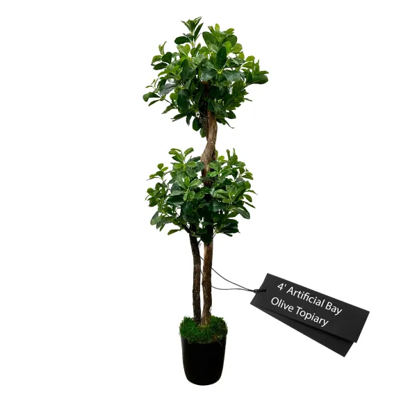 Handmade 4' Artificial Sweet Bay Topiary Tree In Home Basics Plastic Pot Made with Real Wood and Moss Accents