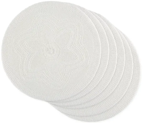 Set of 6 White Floral Woven Round Placemat 15"