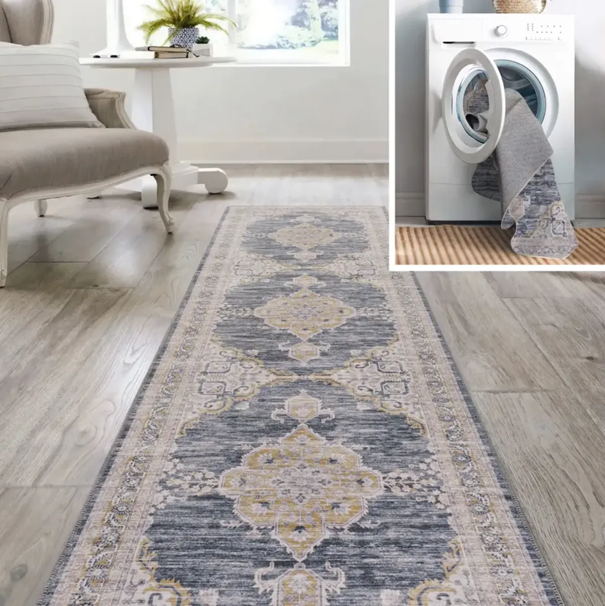 Wincer Chenille Cottage Medallion Machine-Washable Navy/Gray/Black 2 ft. x 8 ft. Runner Rug