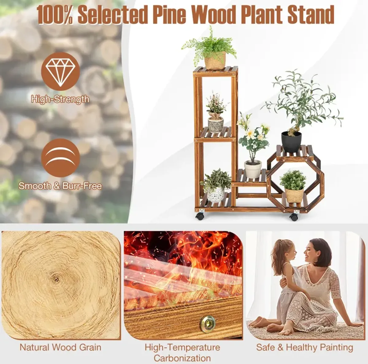 6-Layer Wooden Plant Stand with Wheels for 6 Pots