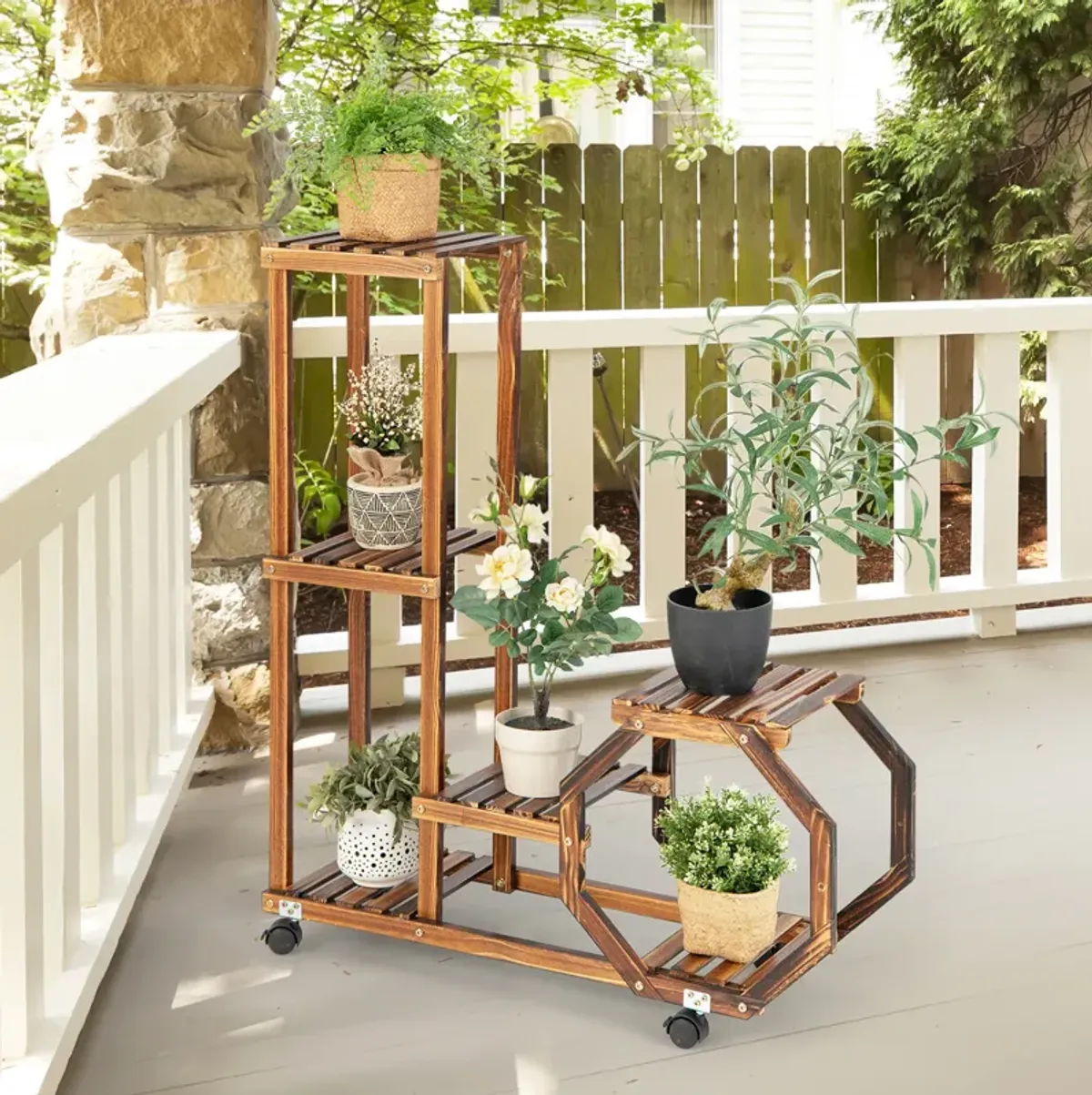 6-Layer Wooden Plant Stand with Wheels for 6 Pots