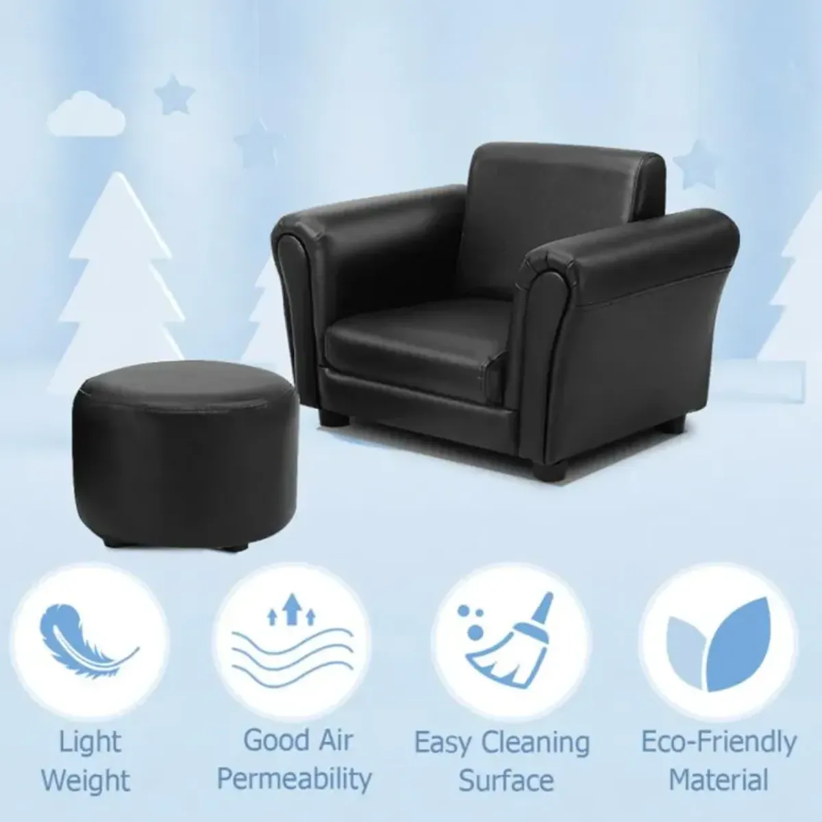 Hivvago Black Kids Single Armrest Couch Sofa with Ottoman