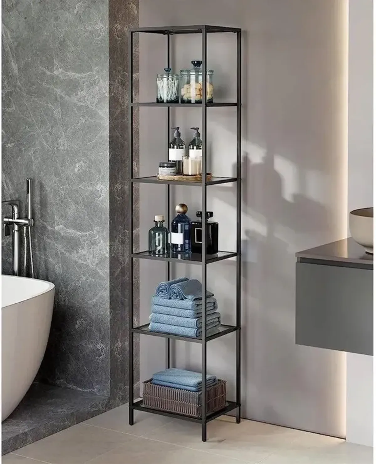 Narrow Glass Shelves Bookcase 5-Shelf Shelving Unit with Metal Frame