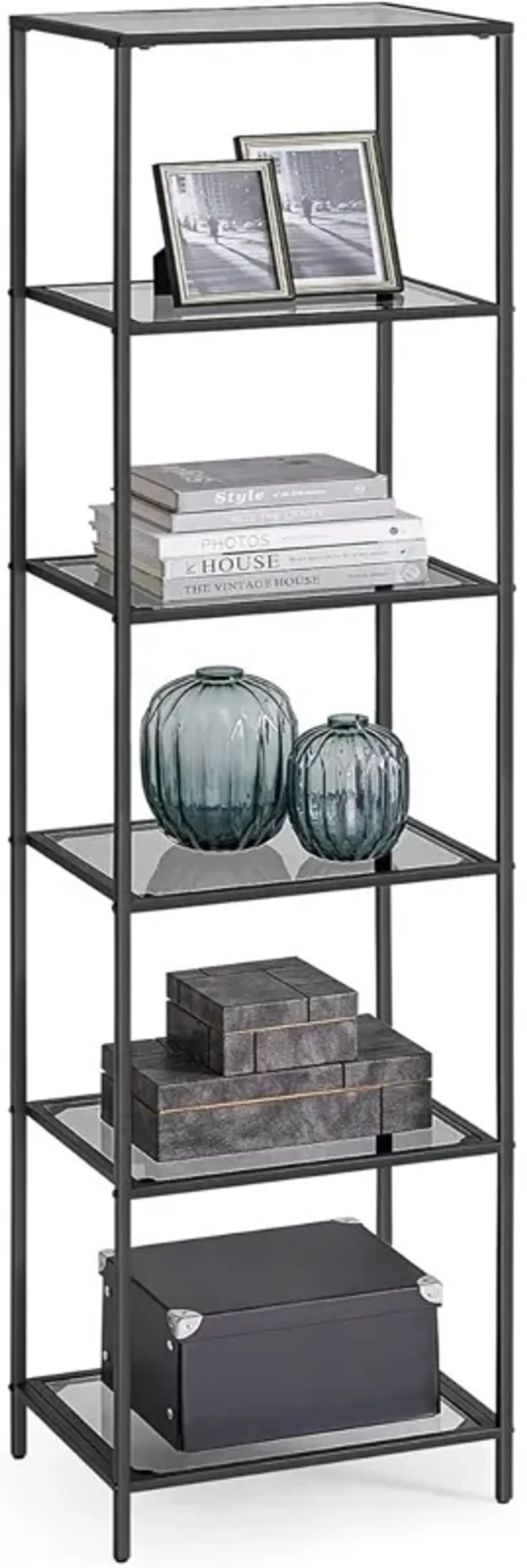 Narrow Glass Shelves Bookcase 5-Shelf Shelving Unit with Metal Frame