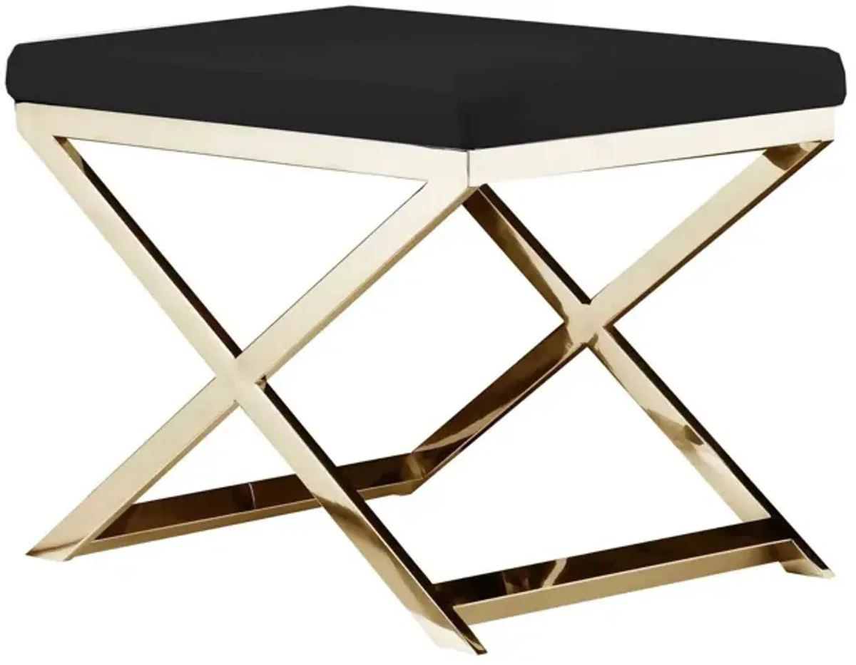 Sovi 20 Inch Ottoman Stool, Black Faux Leather, Stainless Steel Frame, Gold - Benzara