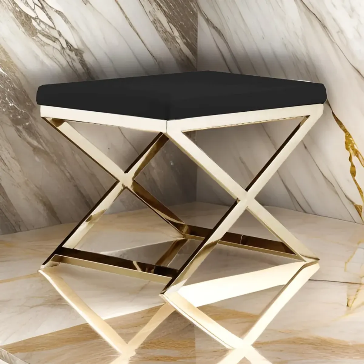 Sovi 20 Inch Ottoman Stool, Black Faux Leather, Stainless Steel Frame, Gold - Benzara