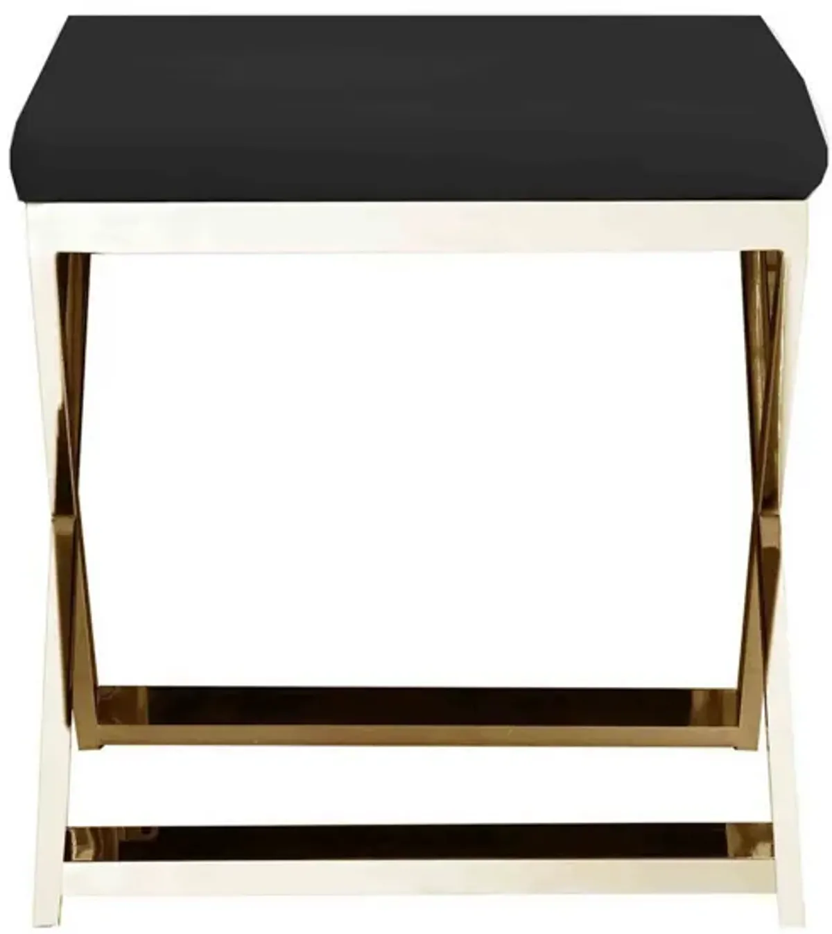 Sovi 20 Inch Ottoman Stool, Black Faux Leather, Stainless Steel Frame, Gold - Benzara