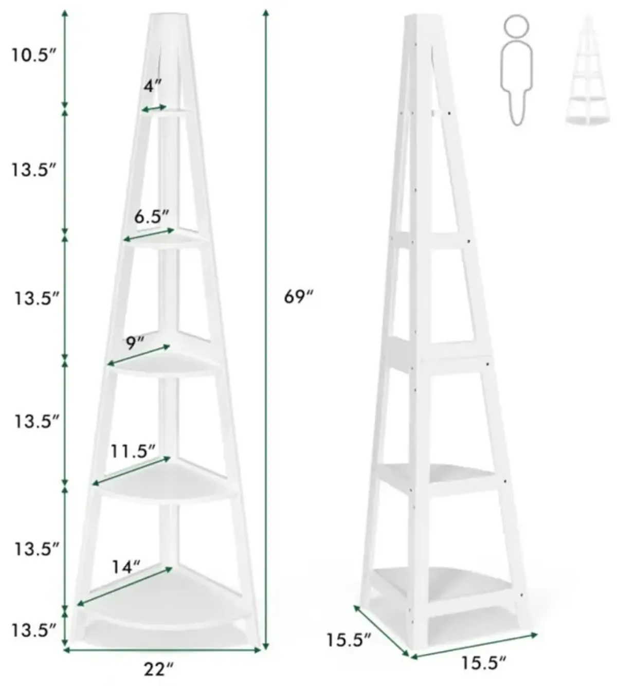 Hivvago 5-Tier Modern Corner Bookcase Shelf with Strong Wooden Frame-White