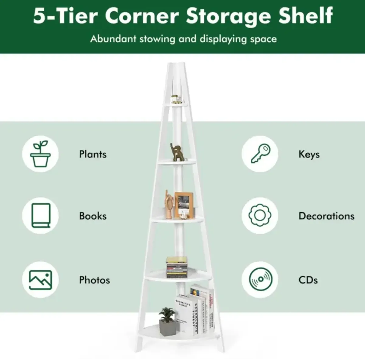 Hivvago 5-Tier Modern Corner Bookcase Shelf with Strong Wooden Frame-White