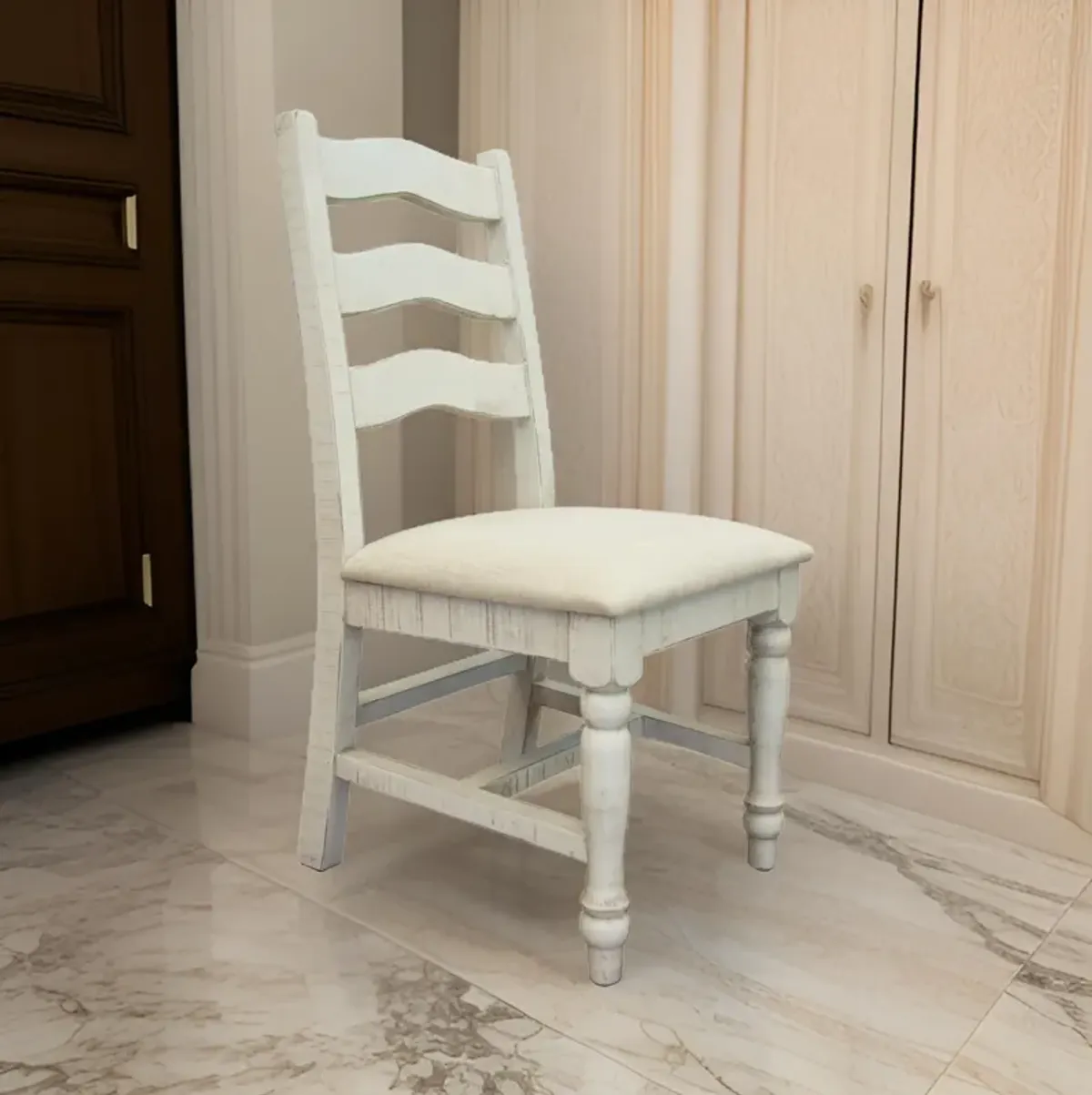 Ziay Side Dining Chair Set of 2, Ladder Back, Turned Legs, Ivory Upholstery - Benzara