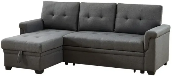 84 Inch 2 Piece Pull Out Sleeper Sofa, Storage Chaise, Split Back, Dark Gray Fabric-Benzara