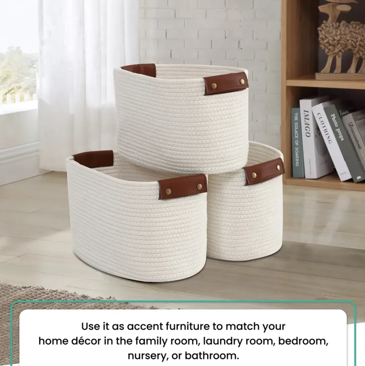 3 Pack Woven Cotton Rope Shelf Storage Basket with Leather Handles