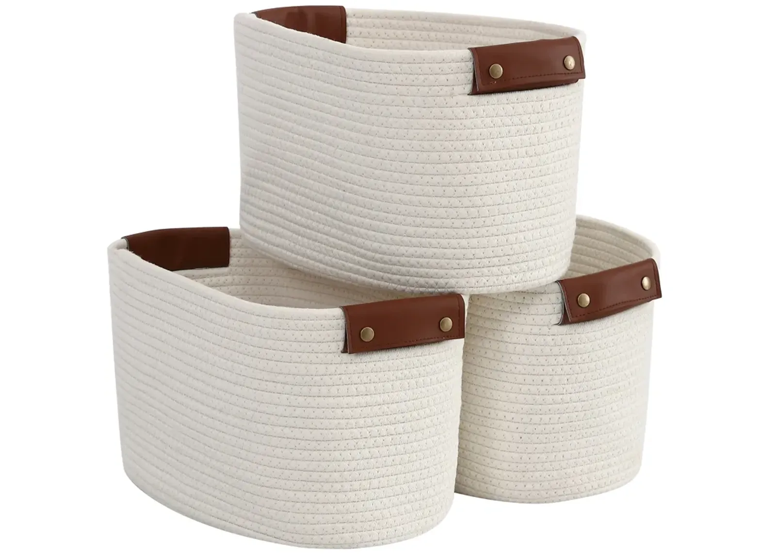 3 Pack Woven Cotton Rope Shelf Storage Basket with Leather Handles