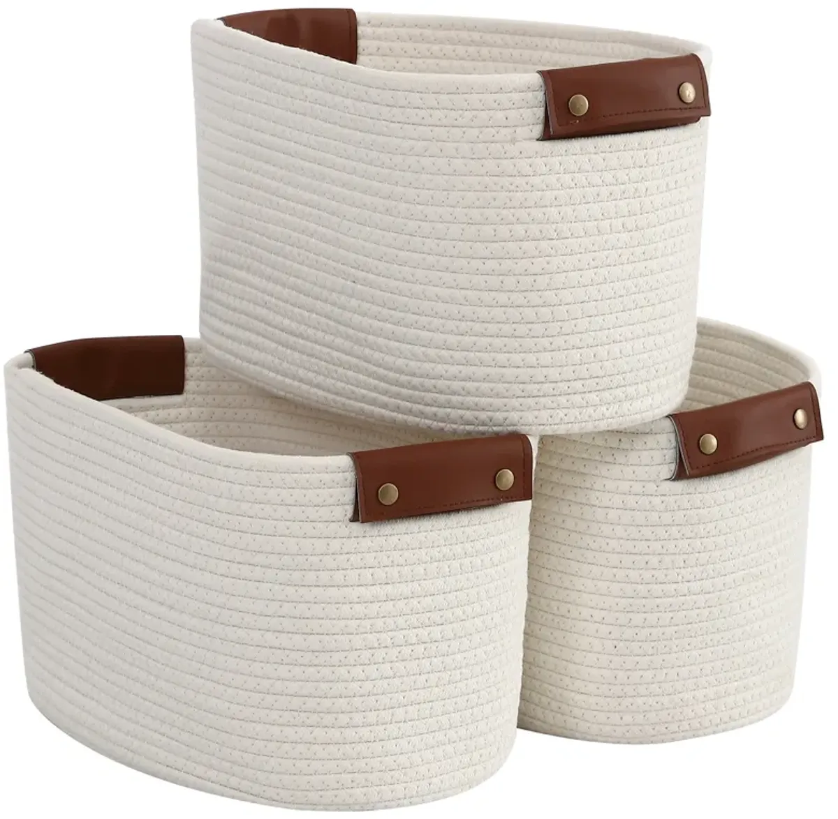 3 Pack Woven Cotton Rope Shelf Storage Basket with Leather Handles