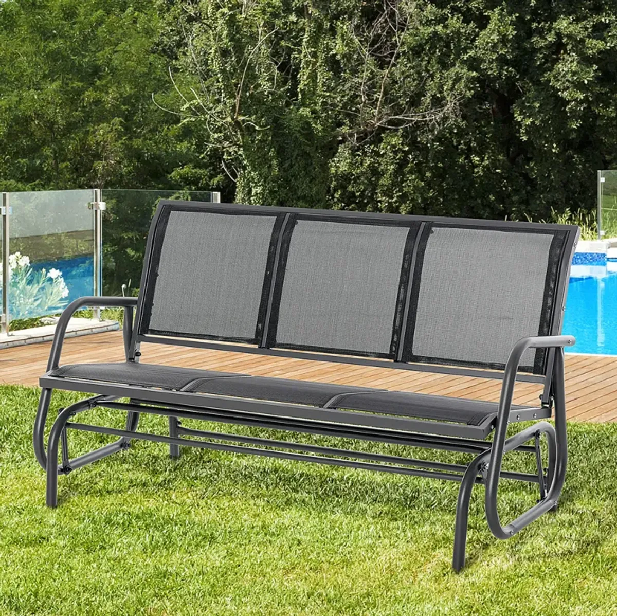 Outsunny 3-Person Patio Glider Bench, Outdoor Porch Glider Swing with 3 Seats, Breathable Mesh Fabric, Metal Frame, Black